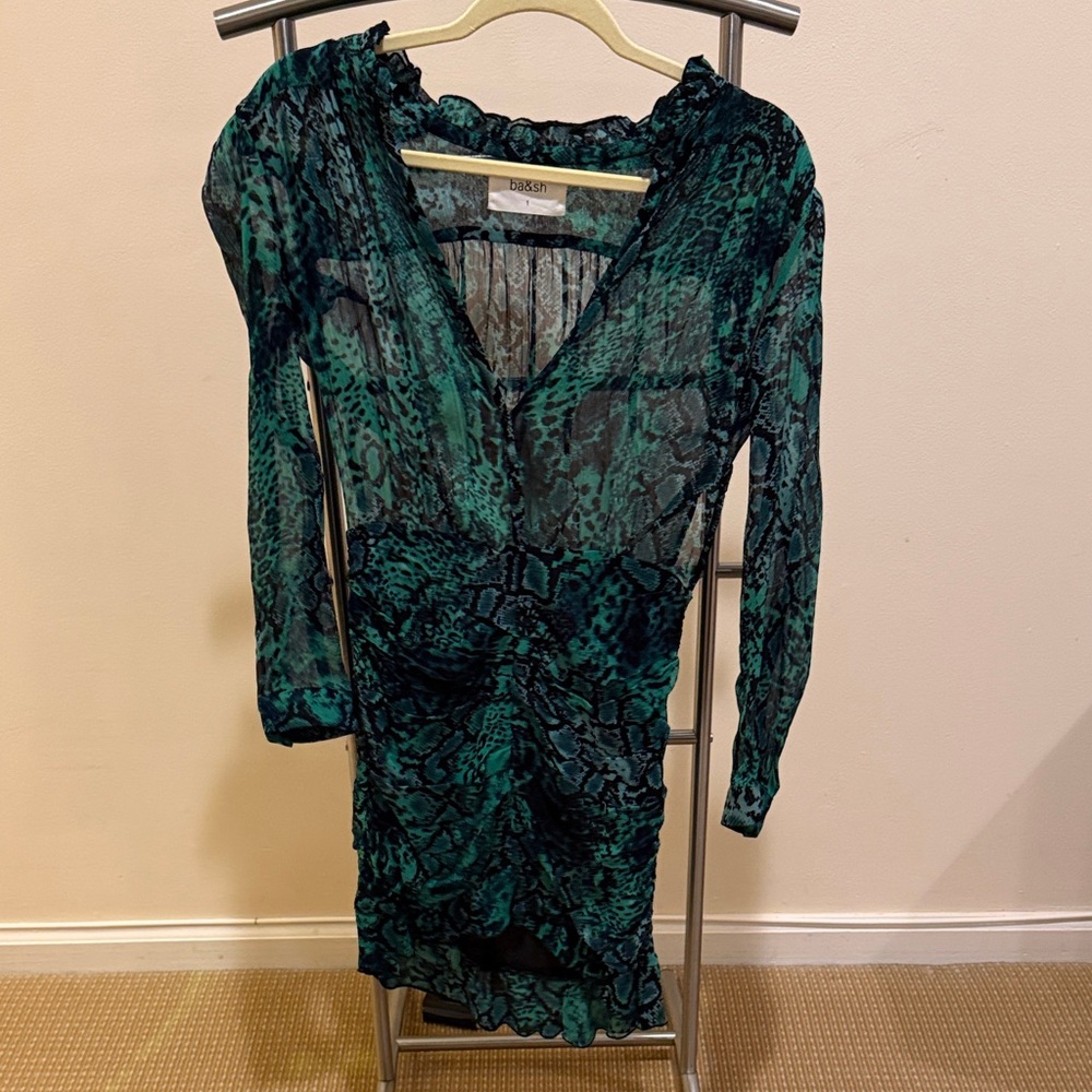 ba&sh Green and Black Long Sleeve Dress